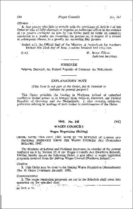 The Baking Wages Regulations (Amendment) (No. 4) Order (Northern Ireland) 1961