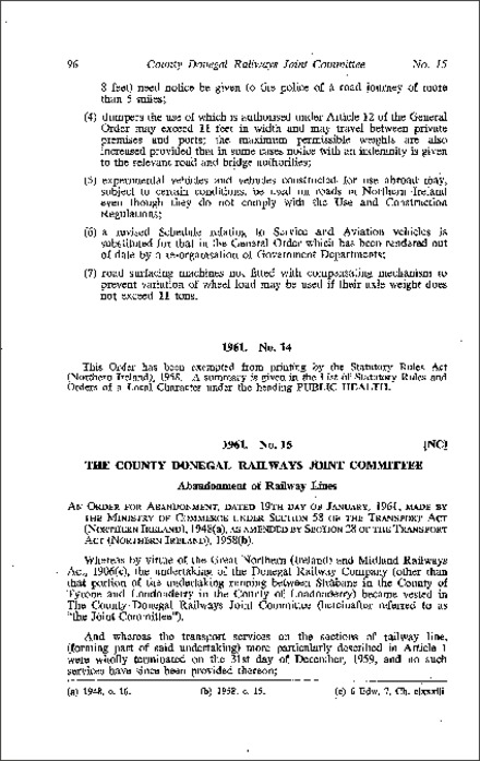 The County Donegal Railways (Joint Committee) Order (Northern Ireland) 1961