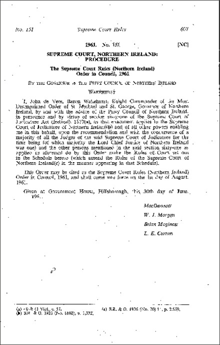 The Supreme Court Rules Order in Council (Northern Ireland) 1961
