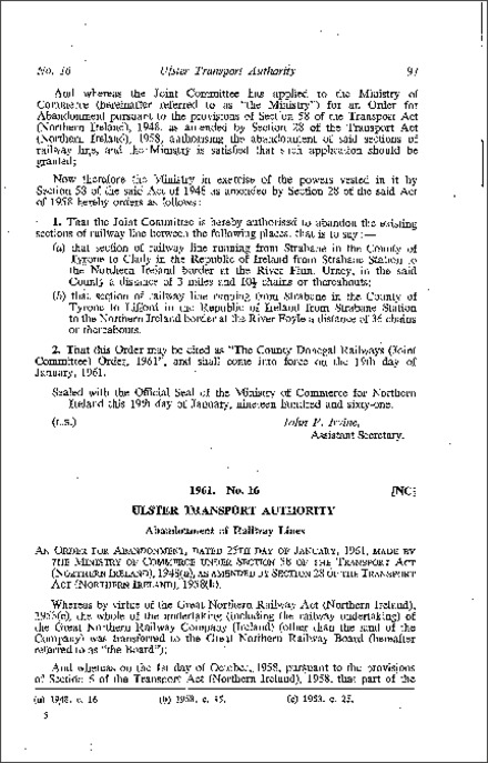 The Transport Act (Abandonment of Railway Lines County Fermanagh) Order (Northern Ireland) 1961