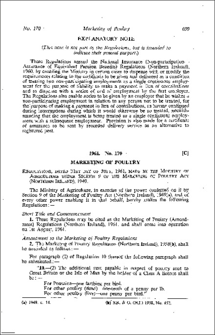 The Marketing of Poultry (Amendment) Regulations (Northern Ireland) 1961