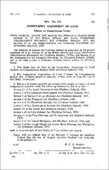 The Compulsory Acquisition of Land (Interest on Compensation Money) Order (Northern Ireland) 1961