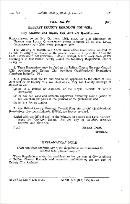 The Belfast County Borough Council (City Architect and Deputy City Architect Qualifications) Regulations (Northern Ireland) 1961