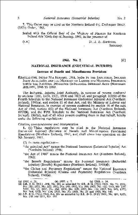 The National Insurance (Industrial Injuries) (Increase of Benefit and Miscellaneous Provisions.) Regulations (Northern Ireland) 1961