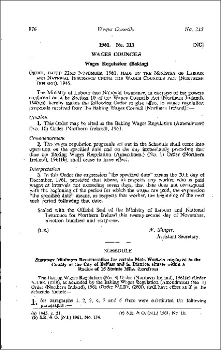 The Baking Wages Regulations (Amendment) (No. 10) Order (Northern Ireland) 1961