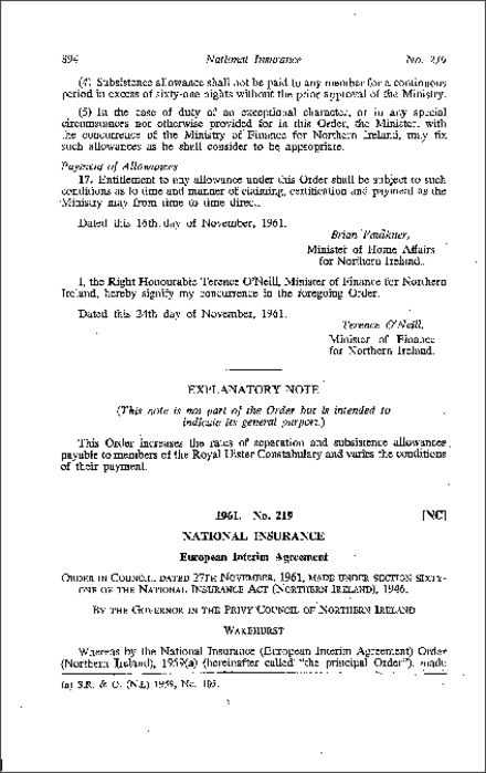 The National Insurance (European Interim Agreement) Amendment Order (Northern Ireland) 1961