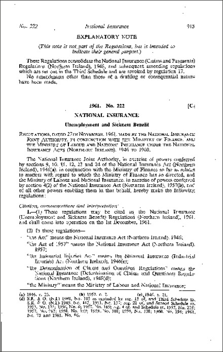 The National Insurance (Unemployment and Sickness Benefit) Regulations (Northern Ireland) 1961