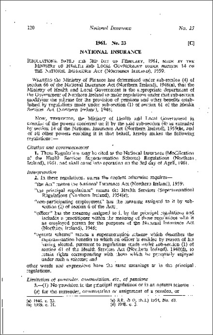 The National Insurance (Modification of the Health Services Superannuation Scheme) Regulations (Northern Ireland) 1961