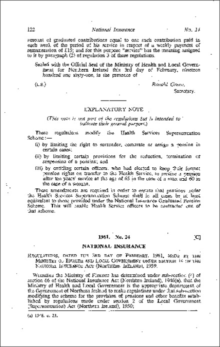 The National Insurance (Modification of Local Government Superannuation Scheme) Regulations (Northern Ireland) 1961