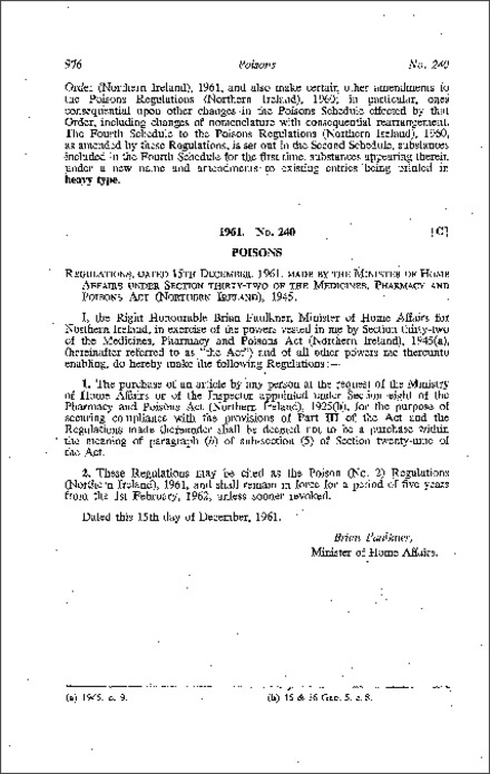 The Poison (No. 2) Regulations (Northern Ireland) 1961