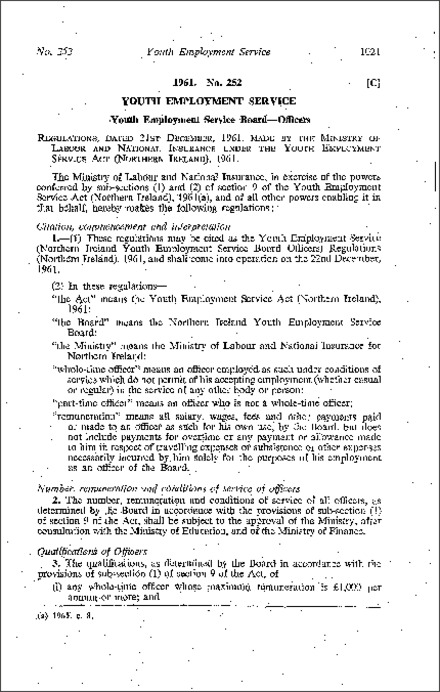 The Youth Employment Service (Northern Ireland Youth Employment Service Board Officers) Regulations (Northern Ireland) 1961