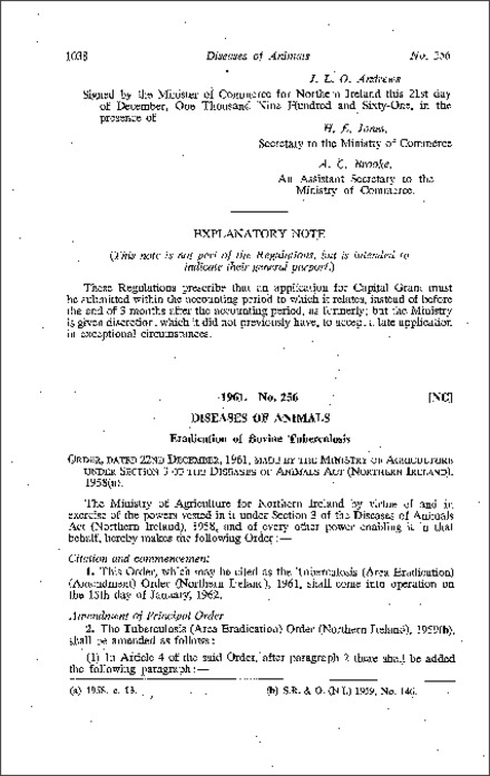 The Tuberculosis (Area Eradication) (Amendment) Order (Northern Ireland) 1961