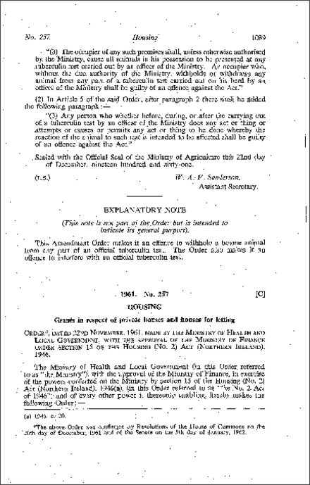 The Housing (Grants) (No. 2) Order (Northern Ireland) 1961
