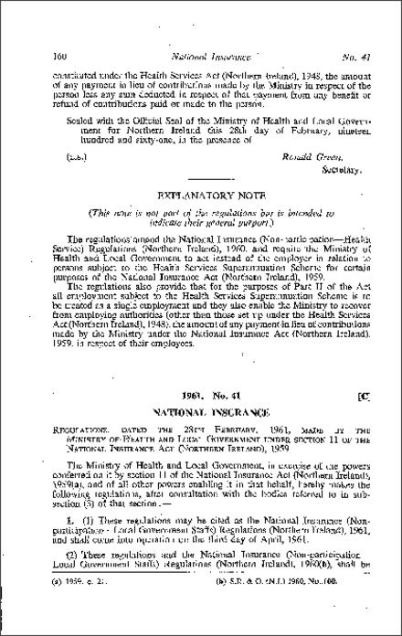 The National Insurance (Non-participation - Local Government Staffs) Regulations (Northern Ireland) 1961