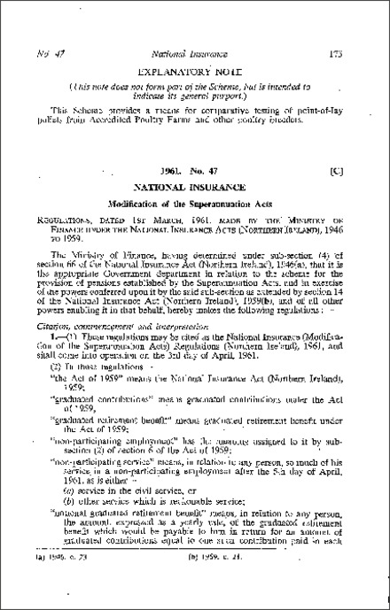 The National Insurance (Modification of the Superannuation Acts) Regulations (Northern Ireland) 1961