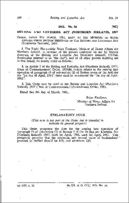 The Betting and Lotteries Act (Northern Ireland) 1957 (Date of Commencement) (Amendment) Order (Northern Ireland) 1961