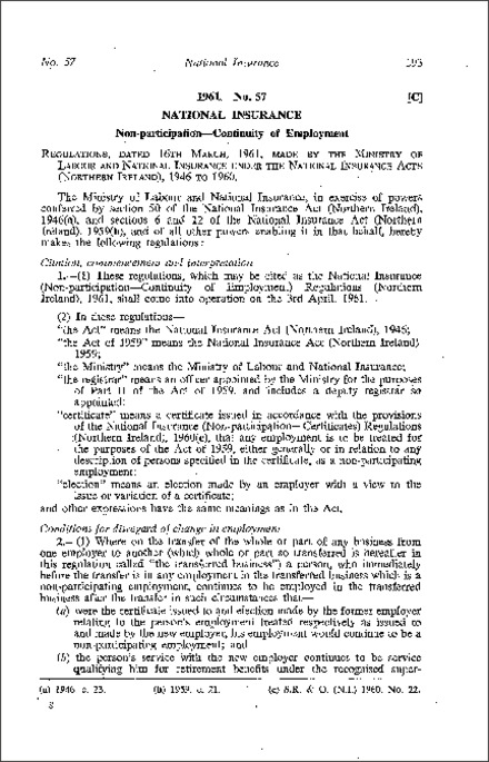 The National Insurance (Non-participation - Continuity of Employment) Regulations (Northern Ireland) 1961