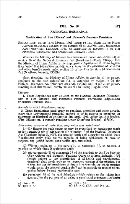 The National Insurance (Modification of Fire Officers' and Firemen's Pensions Provisions) Regulations (Northern Ireland) 1961