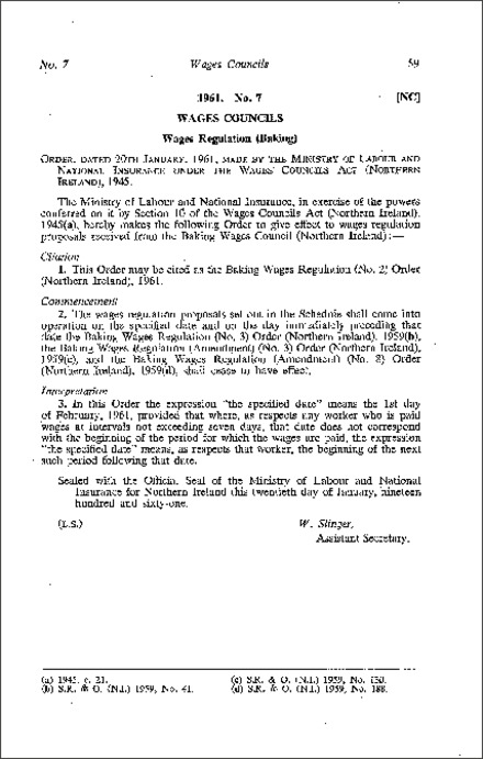 The Baking Wages Regulations (No. 2) Order (Northern Ireland) 1961