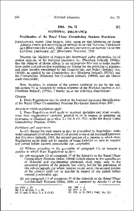 The National Insurance (Modfication of the Royal Ulster Constabulary Pensions Provisions) Regulations (Northern Ireland) 1961