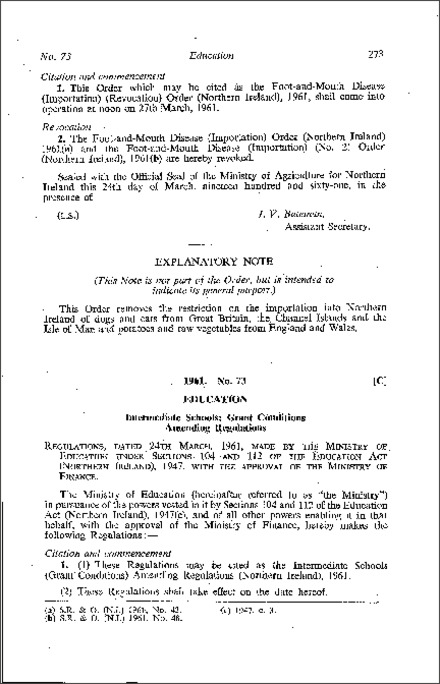 The Intermediate Schools (Grant Conditions) Amendment Regulations (Northern Ireland) 1961