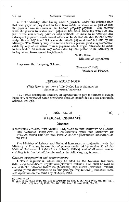 The National Insurance (Mariners) Amendment Regulations (Northern Ireland) 1961