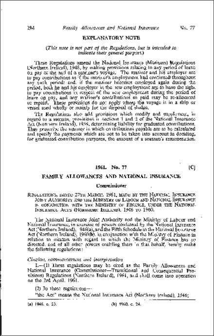 The Family Allowances and National Insurance (Commissioner - Transitional and Conseq. Provisions) Regulations (Northern Ireland) 1961
