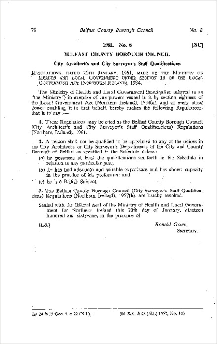 The Belfast County Borough Council (City Architect's and City Surveyor's Staff Qualifications) Regulations (Northern Ireland) 1961