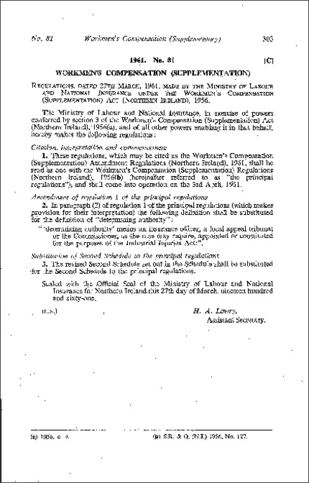 The Workmen's Compensation (Supplementation) Amendment Regulations (Northern Ireland) 1961