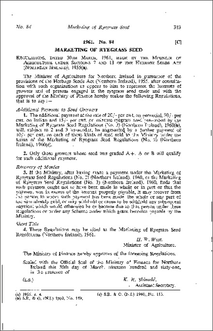 The Marketing of Ryegrass Seed Regulations (Northern Ireland) 1961