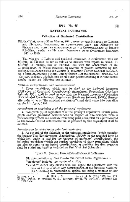 The National Insurance (Collection of Graduated Contributions) Amendment Regulations (Northern Ireland) 1961
