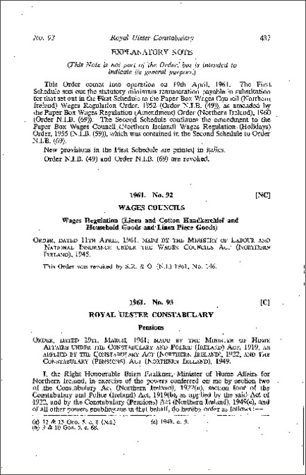 The Royal Ulster Constabulary Pensions (Amendment) Order (Northern Ireland) 1961