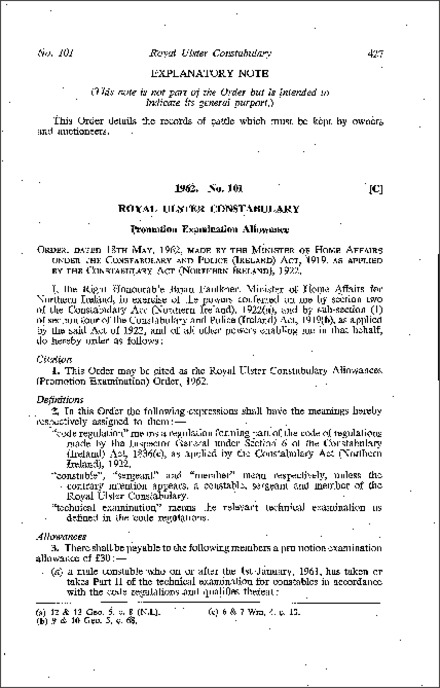 The Royal Ulster Constabulary Allowances (Promotion Examination) Order (Northern Ireland) 1962