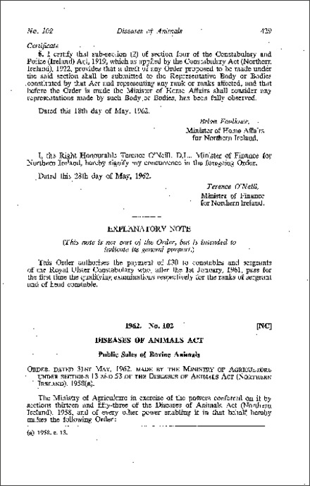 The Public Sales (Cattle) Order (Northern Ireland) 1962