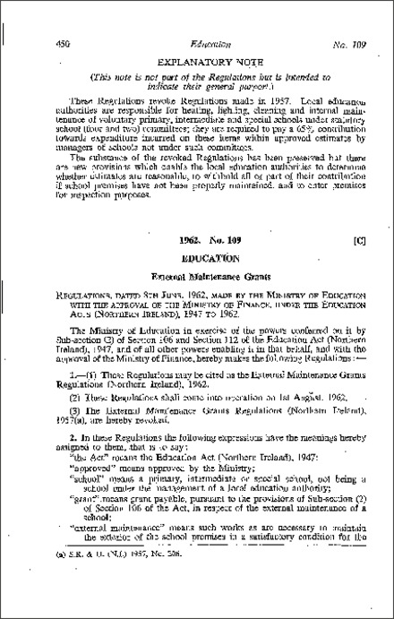 The External Maintenance Grants Regulations (Northern Ireland) 1962