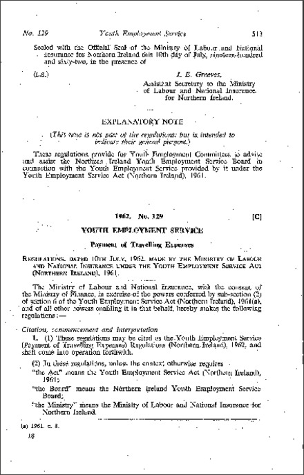 The Youth Employment Service (Payment of Travelling Expenses) Regulations (Northern Ireland) 1962
