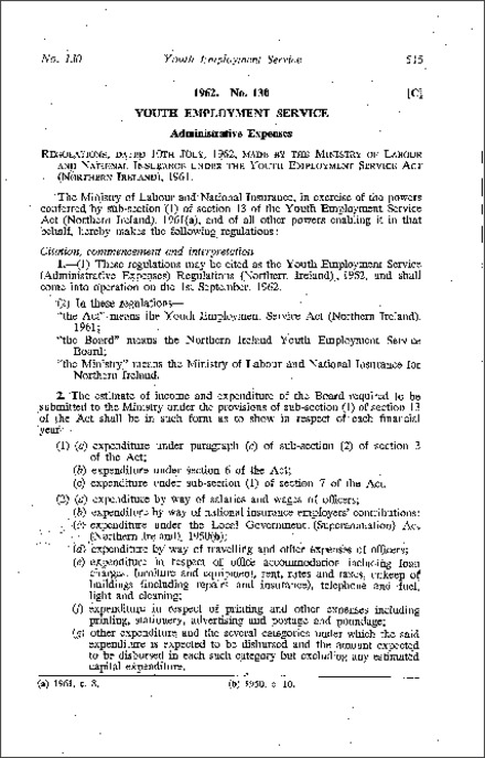 The Youth Employment Service (Administrative Expenses) Regulations (Northern Ireland) 1962