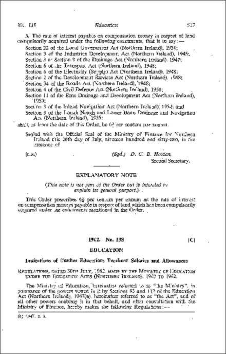 The Institutions of Further Education (Salaries and Allowances) Regulations (Northern Ireland) 1962