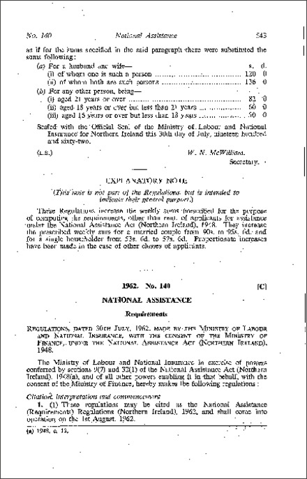 The National Assistance (Requirements) Regulations (Northern Ireland) 1962