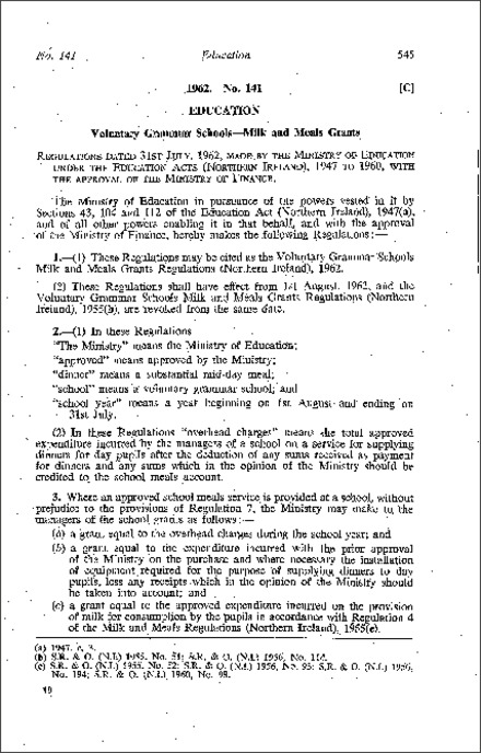 The Voluntary Grammar Schools Milk and Meals Grants Regulations (Northern Ireland) 1962