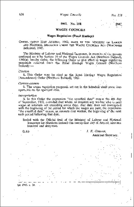 The Road Haulage Wages Regulations (Amendment) Order (Northern Ireland) 1962