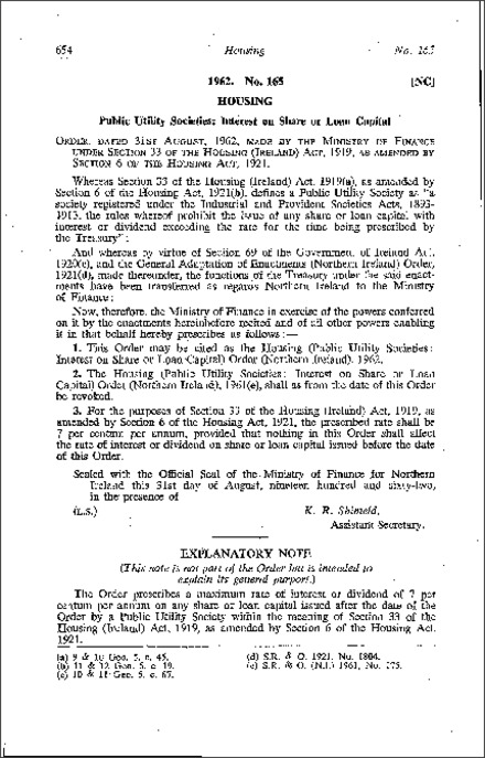 The Housing Public Utility Societies: Interest on Share or Loan Capital) Order (Northern Ireland) 1962