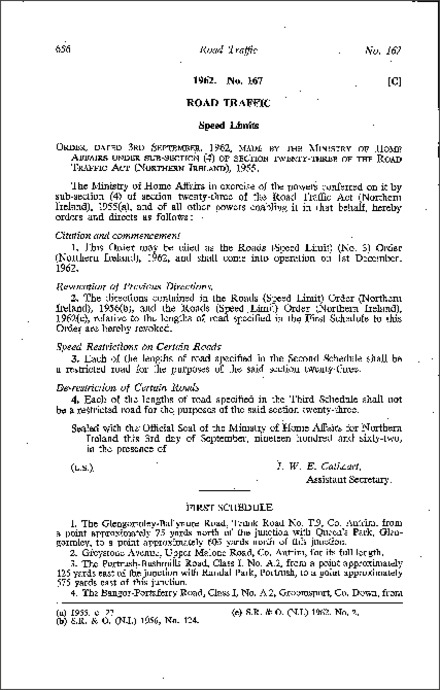 The Roads (Speed Limit) (No. 3) Order (Northern Ireland) 1962