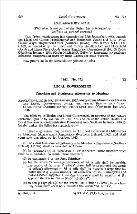 The Local Government (Allowances to Members) (Amendment) Regulations (Northern Ireland) 1962