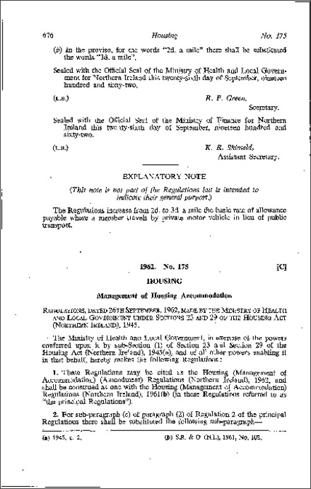 The Housing (Management of Accommodation) (Amendment) Regulations (Northern Ireland) 1962