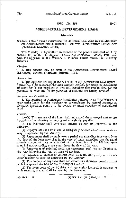 The Agricultural Development Loans (Livestock) Scheme (Northern Ireland) 1962