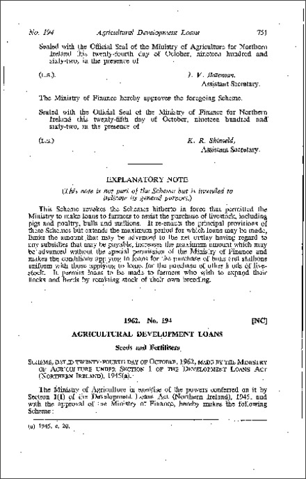 The Agricultural Development Loans (Seeds and Fertilisers) Scheme (Northern Ireland) 1962