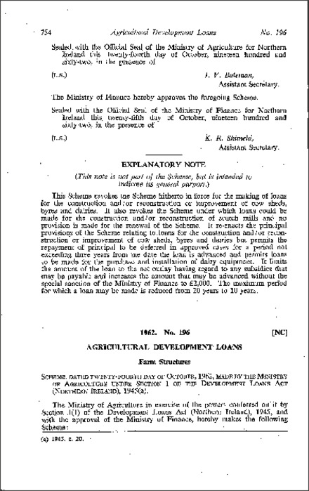 The Agricultural Development Loans (Farm Structures) Scheme (Northern Ireland) 1962