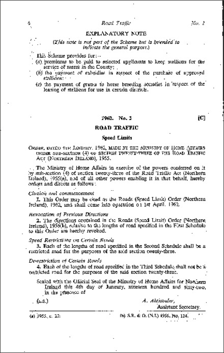 The Roads (Speed Limit) Order (Northern Ireland) 1962