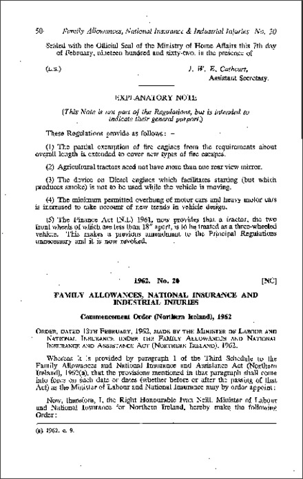 The Family Allowances, National Insurance and Industrial Injuries (Commencement) Order (Northern Ireland) 1962
